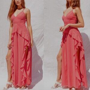 Lulu's Vibrant Love Coral Sleeveless Ruffled Maxi Dress‎ Womens Size XS